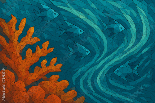 Crystalline designed illustration geometric coral currents vector flowing reef patterns fish polygonal