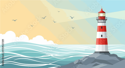 Lighthouse guiding ships at sea with its bright beam of light, overlooking a calm ocean under a sunny sky