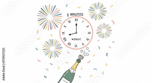 Countdown to Midnight Festive Illustration of a Clock, Fireworks, and Champagne Bottle