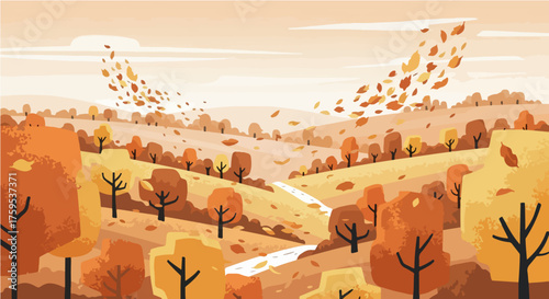 Charming Illustrated Autumn Scenery Featuring Rolling Countryside Adorned with Warm-Toned Trees and Graceful Drifting Foliage