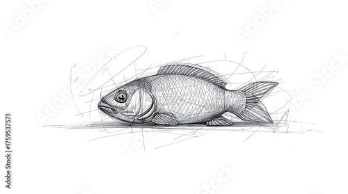 Hand-drawn freshwater fish like carp or trout, isolated and raw on a white background, perfect as a seafood ingredient