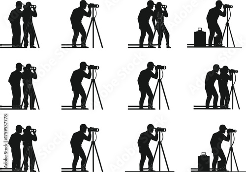 Silhouette surveyors using theodolite and tripod for land measurement and construction site planning illustration, professional engineering and geodesy concept design.