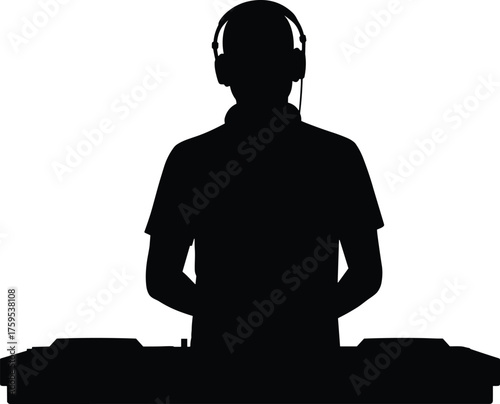 DJ mixing music silhouette cartoon illustration, symbolic performance and expressive gesture artwork for lifestyle and entertainment design