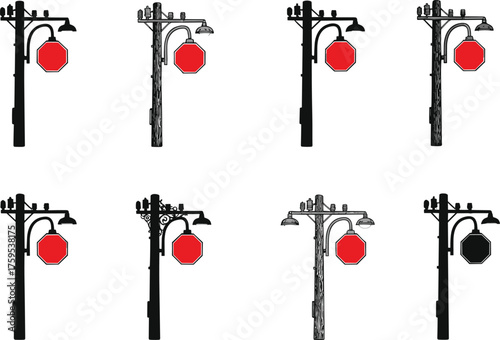 Street lamp post with red stop sign vector collection, urban traffic light poles illustration for city road safety and transportation design.