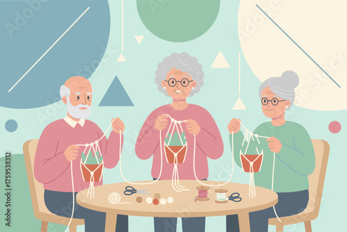 Seniors enjoying macrame plant hanger craft promoting healthy aging and creative hobbies