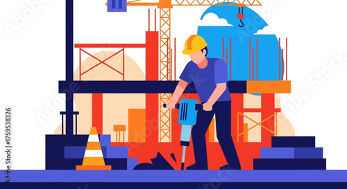 Construction worker with jackhammer on a building site symbolizing labor development and progress