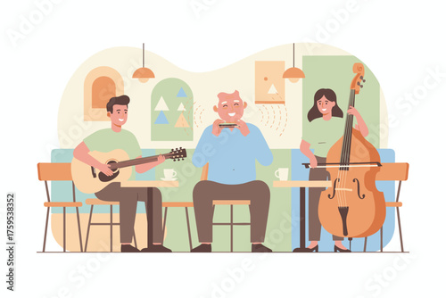 Happy musicians an intergenerational band playing guitar harmonica and bass in a cozy cafe