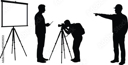 Field team with screen and camera silhouette cartoon illustration, symbolic coordination and expressive gesture artwork for presentation and documentation design