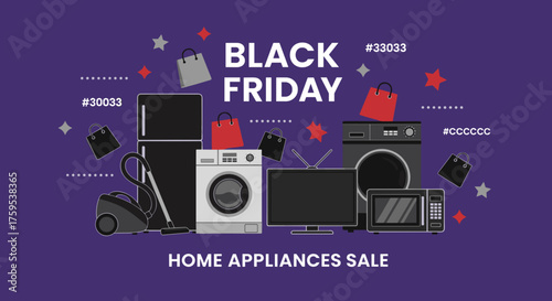 Black Friday home appliances sale graphic Shopping bags electronics and discount promotion