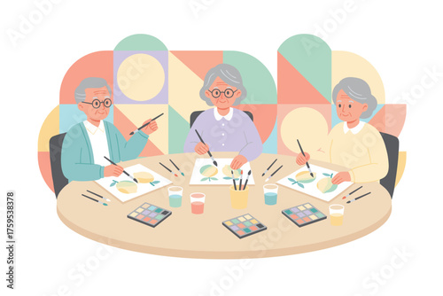 Seniors happily engage in a painting class fostering creativity community and active retirement