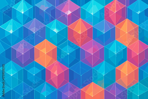 Illustration glowing grid isometric vector facets symmetry cells crystalline aligned transparent crystal