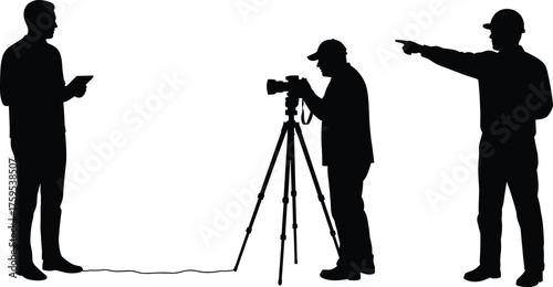 Field survey team with tablet and camera silhouette cartoon illustration, symbolic coordination and expressive gesture artwork for documentation design