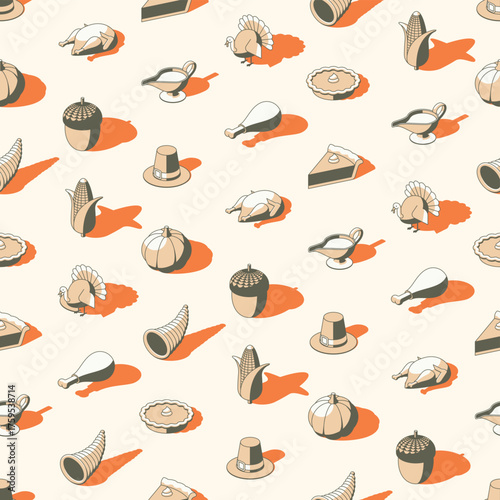 Seamless Thanksgiving pattern with traditional holiday elements like turkey, pumpkin pie, acorn, pilgrim hat, gravy boat, cornucopia, corn on a light beige background