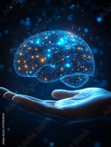 Hand-held AI brain model neural connection projection, brain-computer interface concept