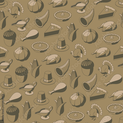 Thanksgiving seamless pattern for design and decor, featuring iconic holiday motifs like turkeys, pumpkins, pies, and cornucopias