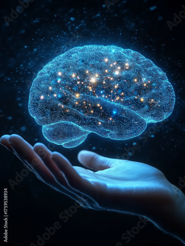 Hand-held AI brain model neural connection projection, brain-computer interface concept