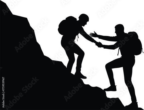 Hikers helping each other climb silhouette cartoon illustration, symbolic teamwork and expressive gesture artwork for adventure and motivational design
