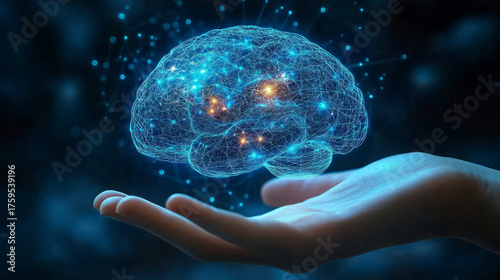 Hand-held AI brain model neural connection projection, brain-computer interface concept