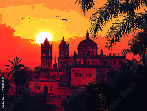 Sunset over traditional Mexican architecture with shadowed features