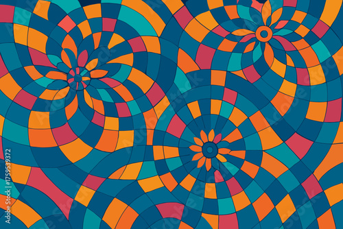 Illustration dynamic vector mandala producing centers overlapping offset arcs asymmetrical vibrant