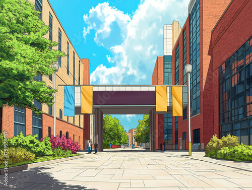 A Beautiful University Entrance Framed by Graduation Day Banners