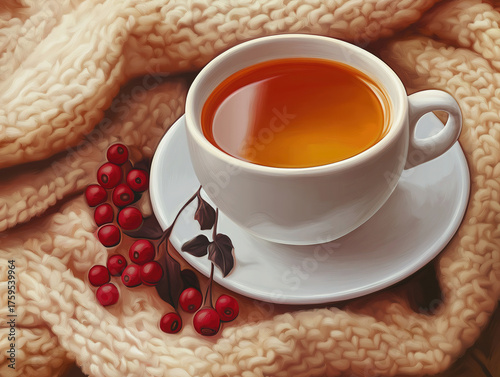 A Serene Moment with a Steaming Cup of Tea on a Comfy Blanket