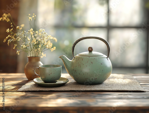 Delicate Tea Leaves and a Teapot on a Wooden Table