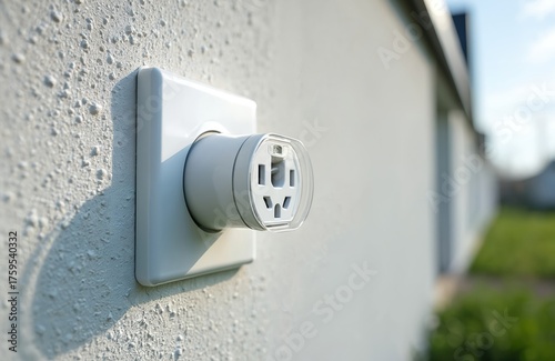 Outdoor electrical outlet on textured house wall in daylight. Modern white socket connects to mains power supply outside property. Utility connection for garden tools, lights or appliances.