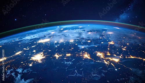 Planet Earth City Lights View From Space Atmosphere Glow Blue Dark Night Sky Stars