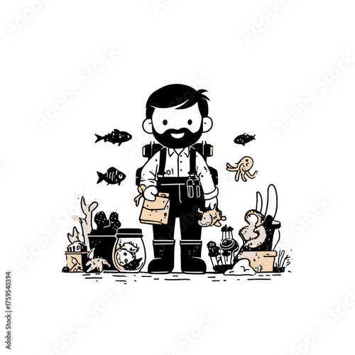 Marine Biologist. Marine Biologist simple black and white line art vector logo