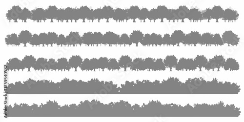 Collection of diverse grey tree and bush silhouettes arranged in horizontal rows on white background
