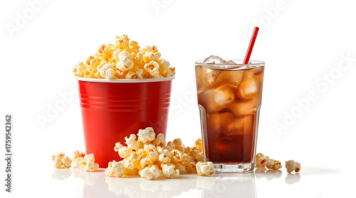 Tasty Popcorn with Soda Beverage Cup Movie Night and Fast Food Snack Combo Isolated on White background