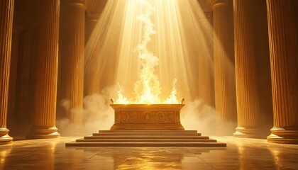 Golden altar with flames burns inside grand ancient temple with tall columns. Divine light rays shine down creating mystic smoky atmosphere. Sacred worship space evokes awe.