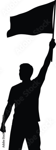 Person holding flag silhouette cartoon illustration, symbolic rally and expressive gesture artwork for protest, victory, and lifestyle design