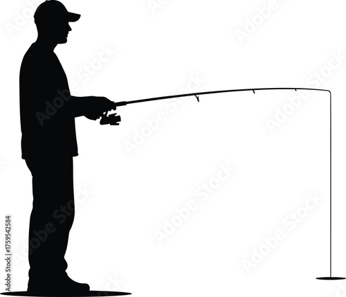 Person ice fishing silhouette cartoon illustration, symbolic patience and expressive gesture artwork for outdoor recreation and lifestyle design