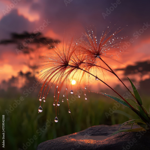 Dew drops hanging from delicate grass seeds with vibrant sunset and blurred natural background creating peaceful and warm atmosphere