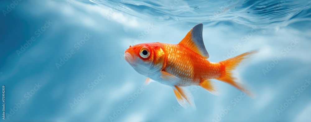 Fototapeta premium A vibrant orange fish swims in clear blue water. The focus is on the fish, with a soft blurred background