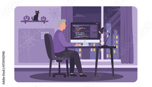 Man programming at night with Halloween decorations in modern home office overlooking city