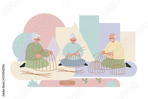 Elderly people crafting traditional woven items showcasing skill tradition and peaceful hobby
