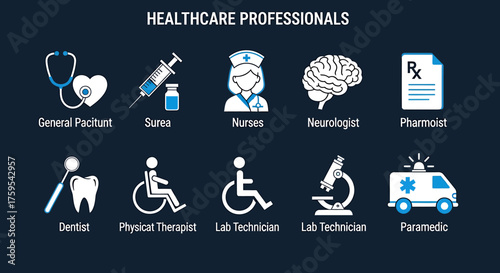 Dark blue graphic displaying ten healthcare professions with corresponding white and blue icons