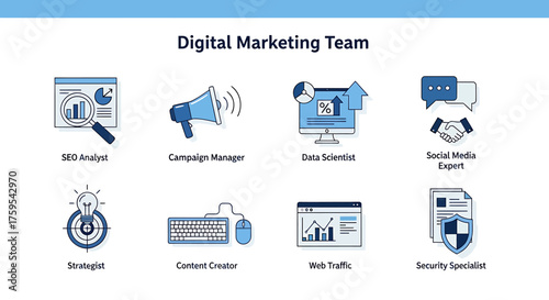 Digital Marketing Team roles illustrated with blue and white line icons