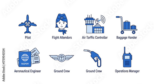 Eight blue and white icons depicting airport jobs and related equipment