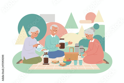 Smiling seniors enjoy a relaxed outdoor picnic making coffee and sharing food Leisure and friendship