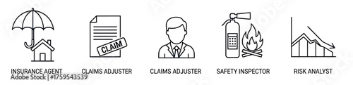 Five blackandwhite line icons depicting insurance and riskrelated professions