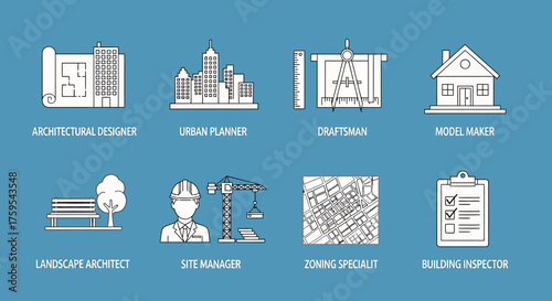 Eight white line icons representing construction and design professions on a blue background