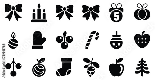 Set of 20 black holiday silhouette icons: bows, candles, ornaments, mittens, holly, candy cane, stocking, tree, fruit, and festive symbols