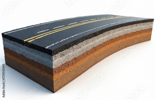Road cutaway illustrates asphalt pavement structure. Engineering design for highway construction shows material layers like gravel, dirt, concrete. Diagram presents cross section of roadbed for civil