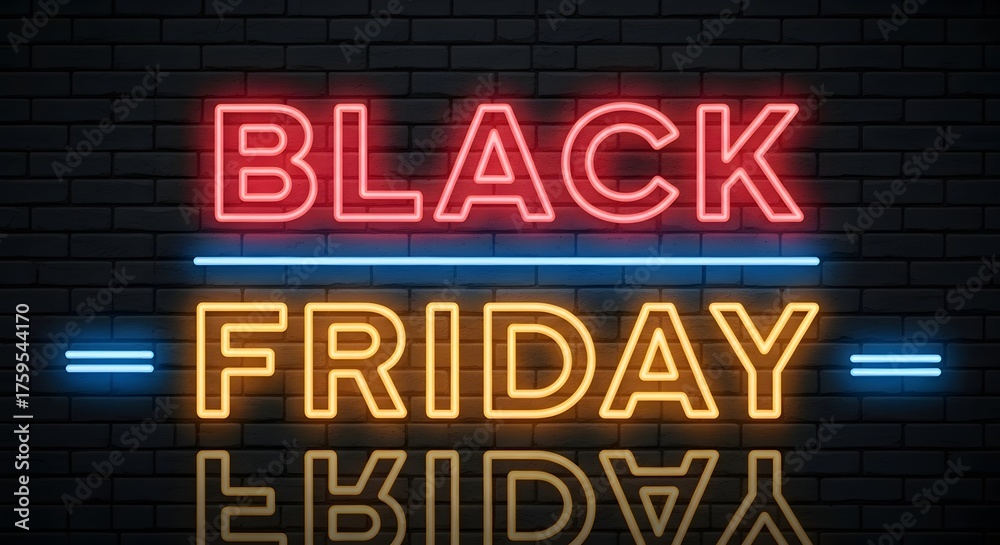 Obraz premium Black friday neon sign glowing in red and yellow colors on a dark brick wall background, representing shopping and sales events