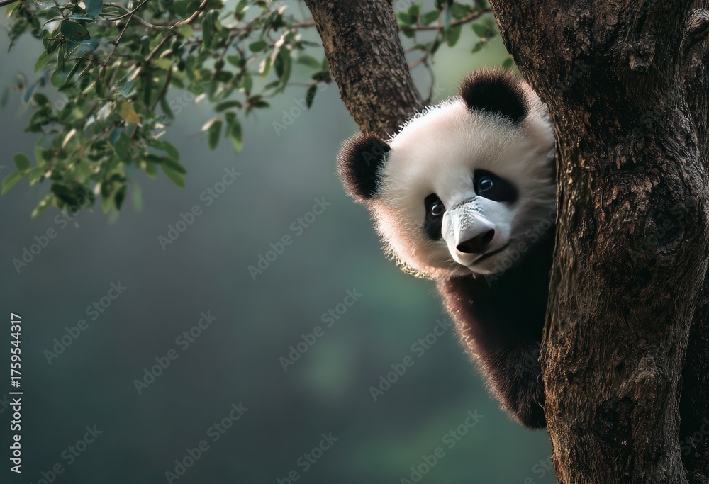 Obraz premium A cuddly panda cub peeks from behind a tree, gazing with gentle eyes. Soft light bathes the scene