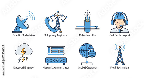 Icons representing various technology and engineering professions in blue and yellow